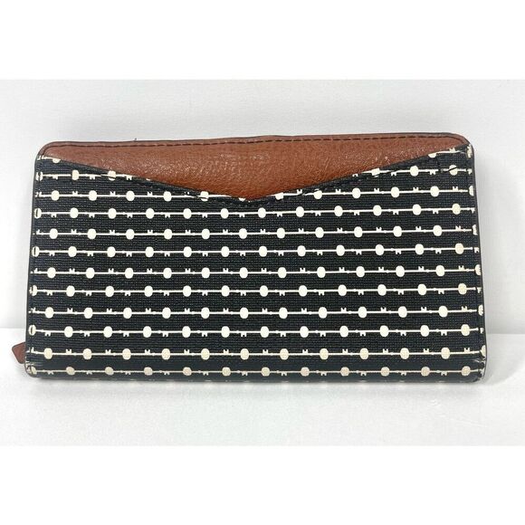 Fossil LOGAN Bifold Black Stripe Long Snap Button Wallet Brown Accent NWOT - Picture 2 of 3